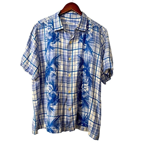 TOMMY BAHAMA LATTICE BAY Camp Shirt XL Silk Linen Blend Santorini Blue Logo - Picture 1 of 11
